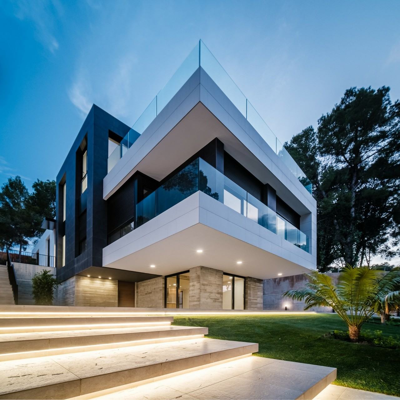 Chalet moderno de dos plantas iluminado al atardecer, con escalinata y jardín